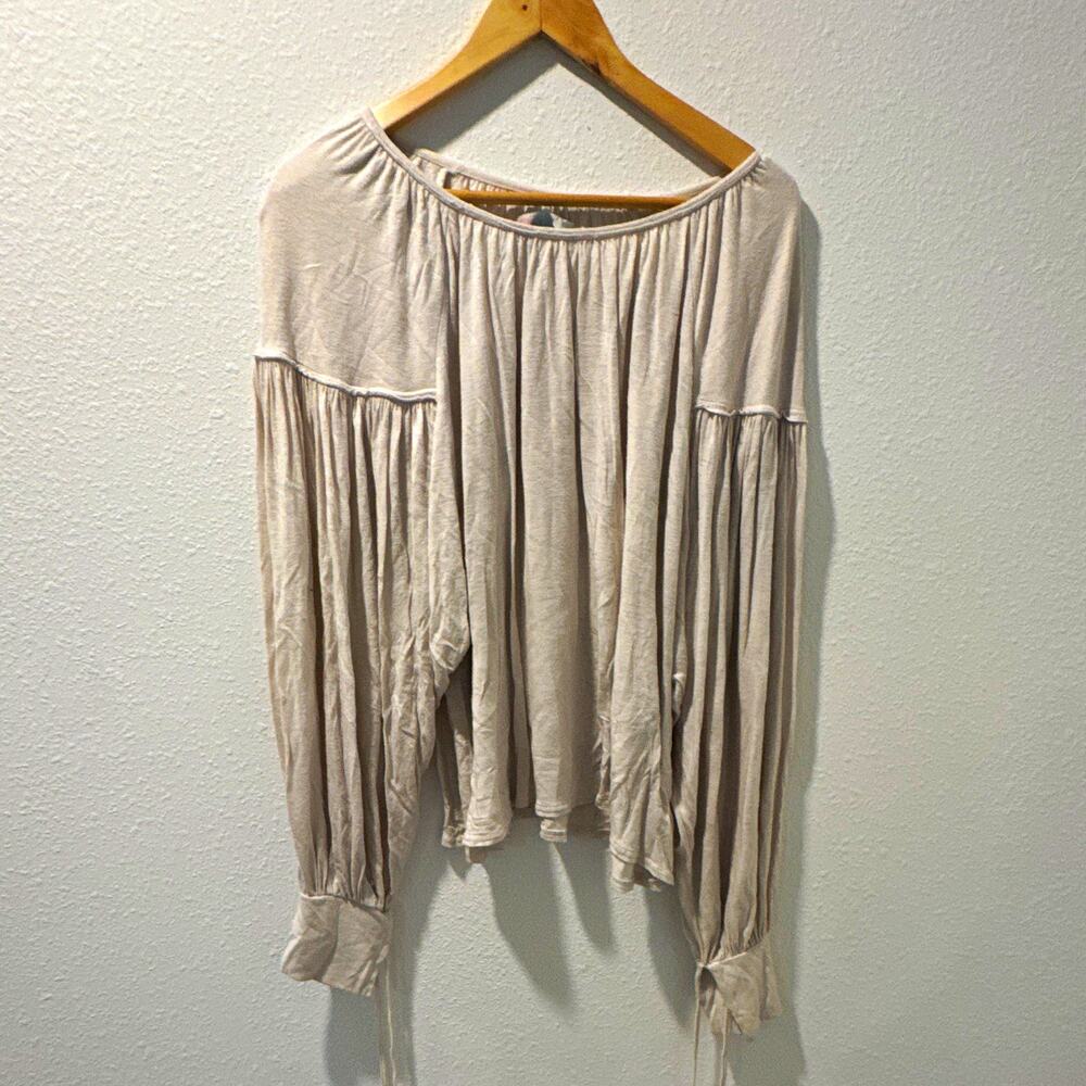 FP Beach Womens Beige Solid Knit Peasant Long Sleeve Pullover Blouse L 0108